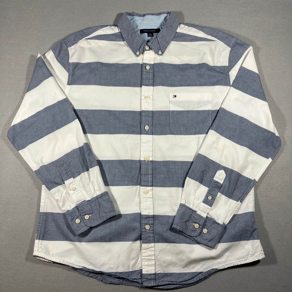 Tommy Hilfiger Men XL Blue White Rugby Stripe Oxford Button Down Shirt Y2K